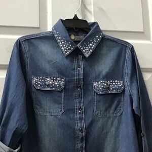 NWT  denim blue blouse jacket Swarovski Crystal Aurora Borealis crunch